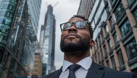 Confident Black businessman gazes upward among city skyscrapers.の素材