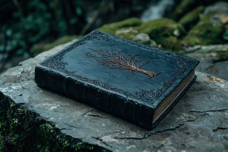 Ancient book with tree design resting on a stone.の素材