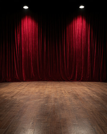 Empty stage with red velvet curtains and wooden floor.の素材