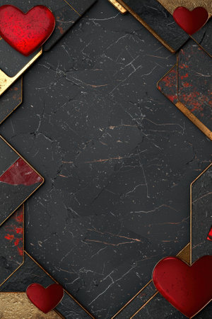 Elegant black marble background with red hearts and gold accents.の素材
