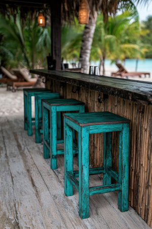 Rustic turquoise bar stools at a tropical beach bar.の素材