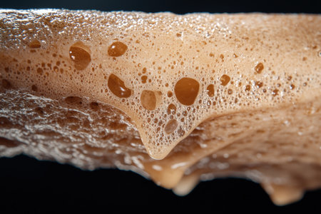 Frothy coffee foam texture with dripping bubbles, close-up shot.の素材