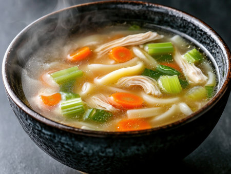 Steaming bowl of savory chicken noodle soup with vegetables.の素材