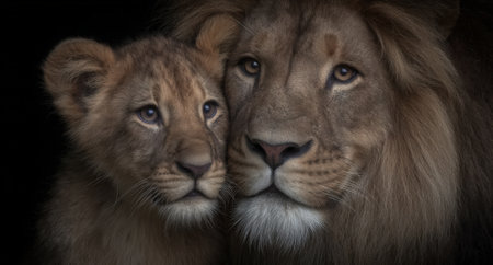 Lion and cub portrait displaying familial love and connection.の素材
