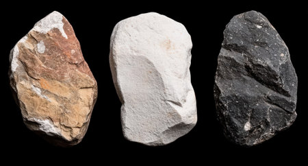Three rough stones, different colors, on a black background.の素材
