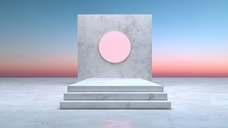 Minimalist podium with pink circle against a gradient sky.の素材