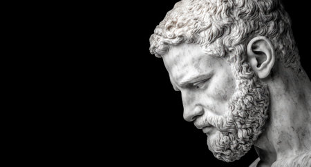 Marble bust of a bearded man against a black background.の素材
