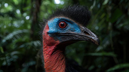 Striking portrait of a colorful cassowary bird in the jungle.の素材