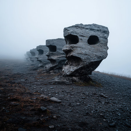 Eerie stone faces stand guard in misty landscape.の素材