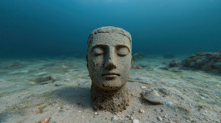 Underwater stone head statue resting on sandy ocean floor.の素材