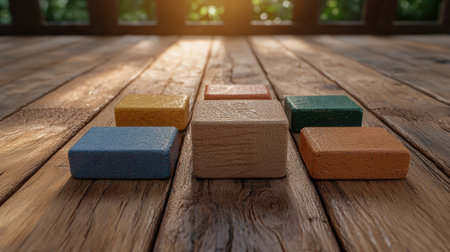 Colorful wooden blocks arranged on a rustic wooden surface.の素材