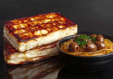 Grilled halloumi cheese with olives and pasta.の素材