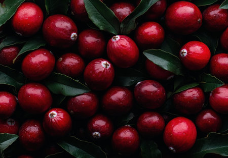 Vibrant red cranberries with dark green leaves background.の素材