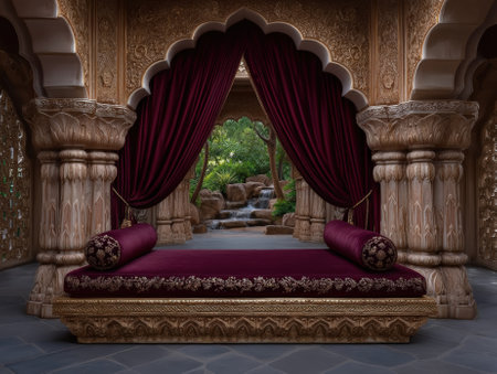 Opulent interior with a daybed and waterfall view.の素材