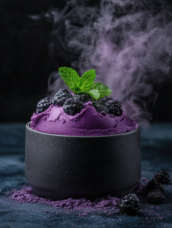 Elegant purple dessert with blackberries and mint garnish.の素材