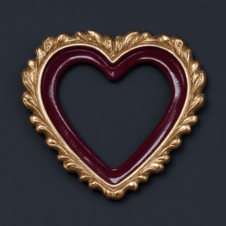 Ornate gold and burgundy heart frame on dark background.の素材