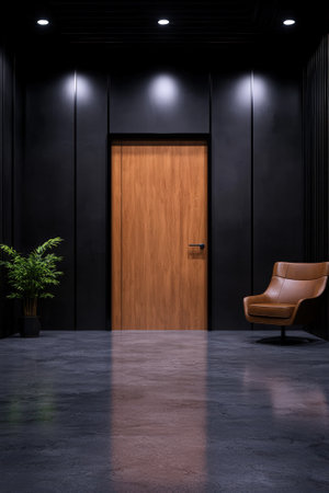 Modern interior with wood door, chair, and plant.の素材