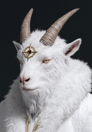 Majestic white goat with ornate golden headpiece and horns.の素材