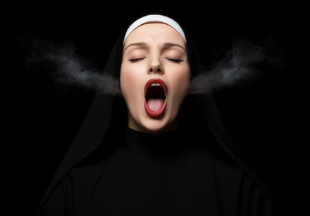 Nun exhaling smoke with an open mouth and closed eyes.の素材