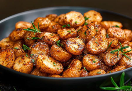 Roasted potatoes with rosemary in a black bowl.の素材