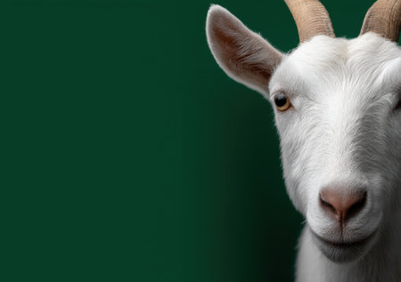 Portrait of a white goat against a dark green background.の素材