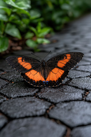 Vibrant orange butterfly resting on dark textured stone.の素材