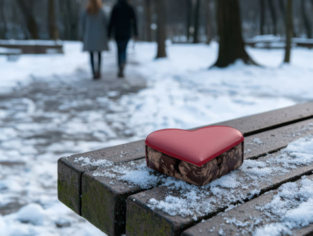 Heart-shaped chocolate box on a snowy park bench.の素材