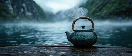 Steaming teapot on a wooden dock overlooking a misty lake.の素材