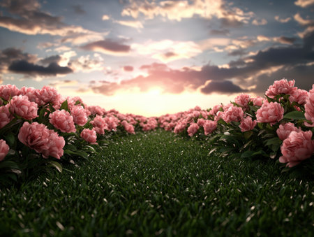 Dreamy peony flower field at sunset with soft clouds.の素材