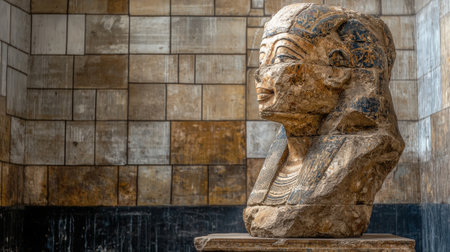 Ancient Egyptian bust sculpture with hieroglyphs and stone texture.の素材