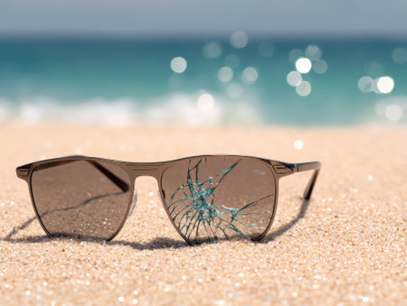 Broken sunglasses lie discarded on a sunny beach.の素材