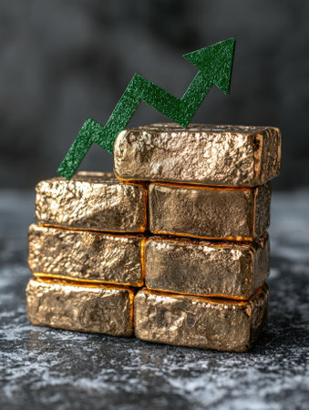 Gold bars stacked with a green arrow pointing upwards.の素材