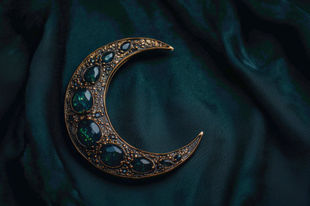 Crescent moon pendant with emeralds on dark teal fabric.の素材