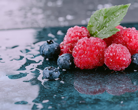 Fresh raspberries and blueberries glistening with water droplets.の素材