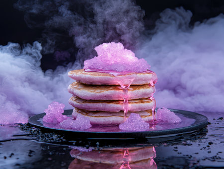 Stack of pancakes with pink syrup and vapor cloud.の素材