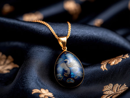 Elegant gold necklace featuring a phoenix design on silk.の素材