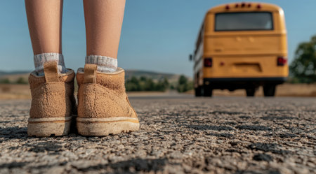 Child's boots on road with school bus in distance.の素材