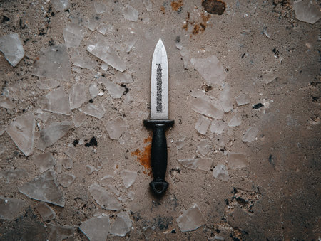 Ornate dagger lies among shattered glass on concrete.の素材