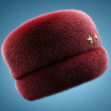 Luxurious red fur hat with golden star accents.の素材