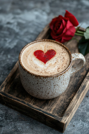 Romantic latte art: A heart-shaped coffee with red roses.の素材