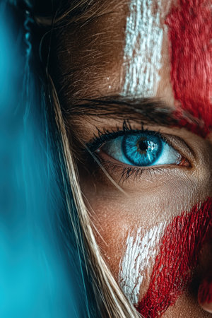 Striking blue eye with bold red and white face paint.の素材