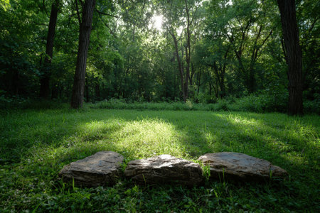 Sunlit glade with lush green grass and rocks.の素材
