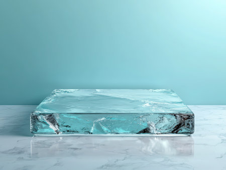 Icy platform for product display against teal background.の素材