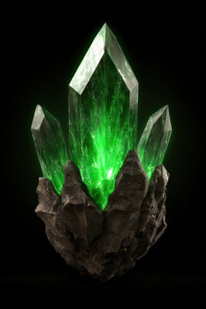 Glowing green crystal formation on dark rock, fantasy concept.の素材