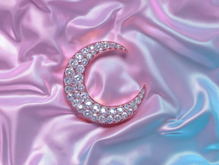 Crescent moon brooch with diamonds on iridescent pink fabric.の素材