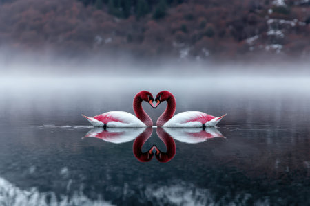 Romantic swans create a heart shape on misty lake.の素材