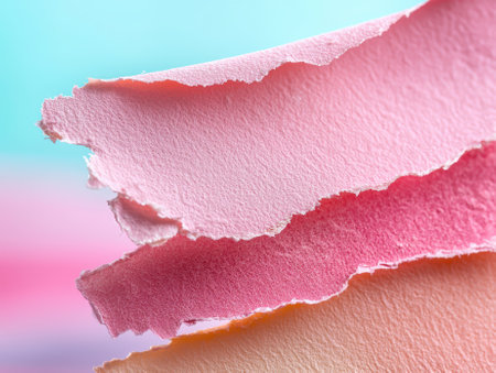 Torn pink paper layers with textured edges, pastel background.の素材