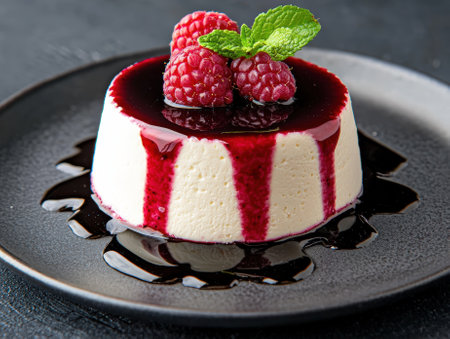 Elegant panna cotta dessert with raspberry sauce and mint.の素材