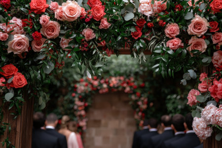 Elegant wedding archway adorned with roses and greenery.の素材