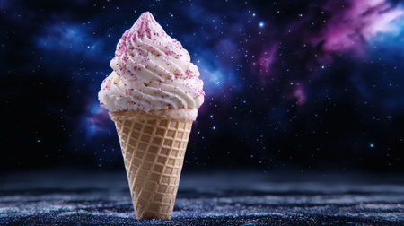 Cosmic ice cream cone with pink sprinkles.の素材